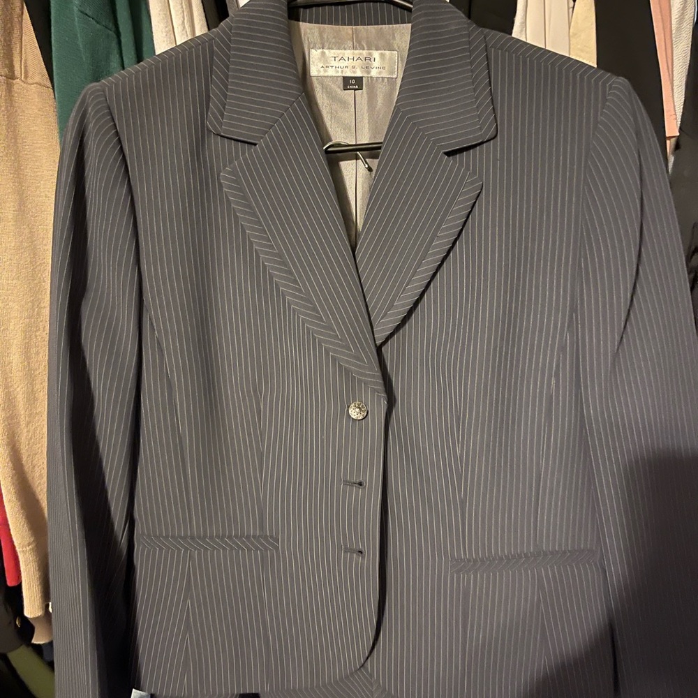 Tahari Navy Pinstripe Skirt Suit